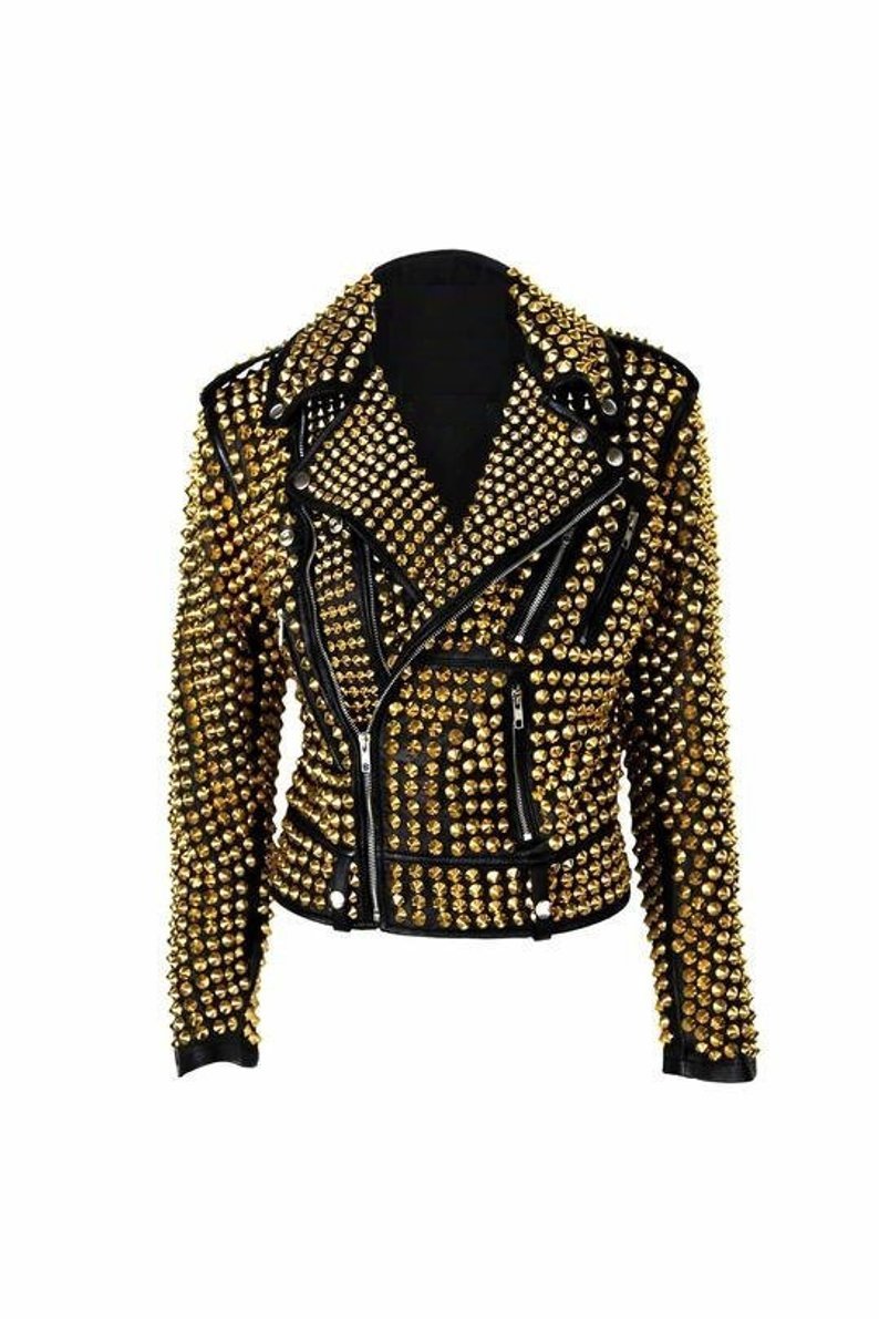 Handcrafted Women Golden Full Gold Studded Genuine Leather Jacket Spiked Stud pl