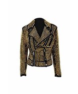 Handcrafted Women Golden Full Gold Studded Genuine Leather Jacket Spiked... - $314.99