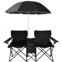 Picnic Double Chair Portable Folding With Umbrella-Black - £76.76 GBP