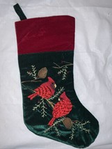 Christmas Stocking Cardinals Embroidered Velvet Green Red Supree Creations - £14.87 GBP