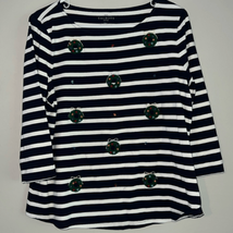 TALBOTS Christmas holiday wreath embellished navy striped women&#39;s shirt top - £15.61 GBP