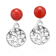 Majestic Tree of Life w/ Synthetic Red Coral Sterling Silver Dangle Earrings - $19.99