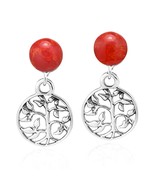 Majestic Tree of Life w/ Synthetic Red Coral Sterling Silver Dangle Earr... - £12.39 GBP