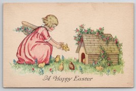 Happy Easter Sweet Girl Pink Dress Putting Chick In Little House Postcard O25 - £10.24 GBP