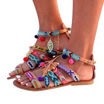 Women Bohemia Sandals Gladiator Leather Sandals Flats Shoes Pom-Pom Sandals - £26.45 GBP