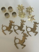 Christmas Napkin Ring Holders Table Decor 12 Gold Brass Reindeer &amp; Poinsettia - £21.32 GBP