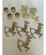 Christmas Napkin Ring Holders Table Decor 12 Gold Brass Reindeer &amp; Poins... - £21.57 GBP