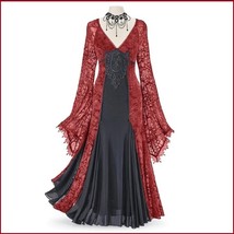  Renassiance Red Sheer Layered Lace Brocade Long Sleeves Giornea Overdre... - £93.36 GBP