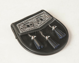 Sporran Black Leather, Silver Fittings, Tassels &amp; Celtic Knots Cantle 9&quot;x7&quot;x2&quot; - £16.94 GBP