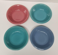 4 Cereal Bowls Ribbed Rim Blue Pink Teal Colorful Gibson 8&quot; Soup Bowl Set - $21.00