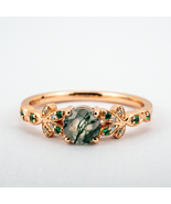 Round Moss Agate Rose Gold Ring Leaf Ring Memorial Ring Nature-Inspired ... - €302,55 EUR+