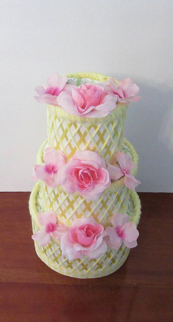 Yellow and Pink Themed Baby Shower Decor Elegant 3 Tier Diaper Cake Gift
