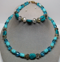 Kohls Store 2 Piece Set Blue Faceted Crystals Glass Necklace and Bracelet Set - £7.89 GBP