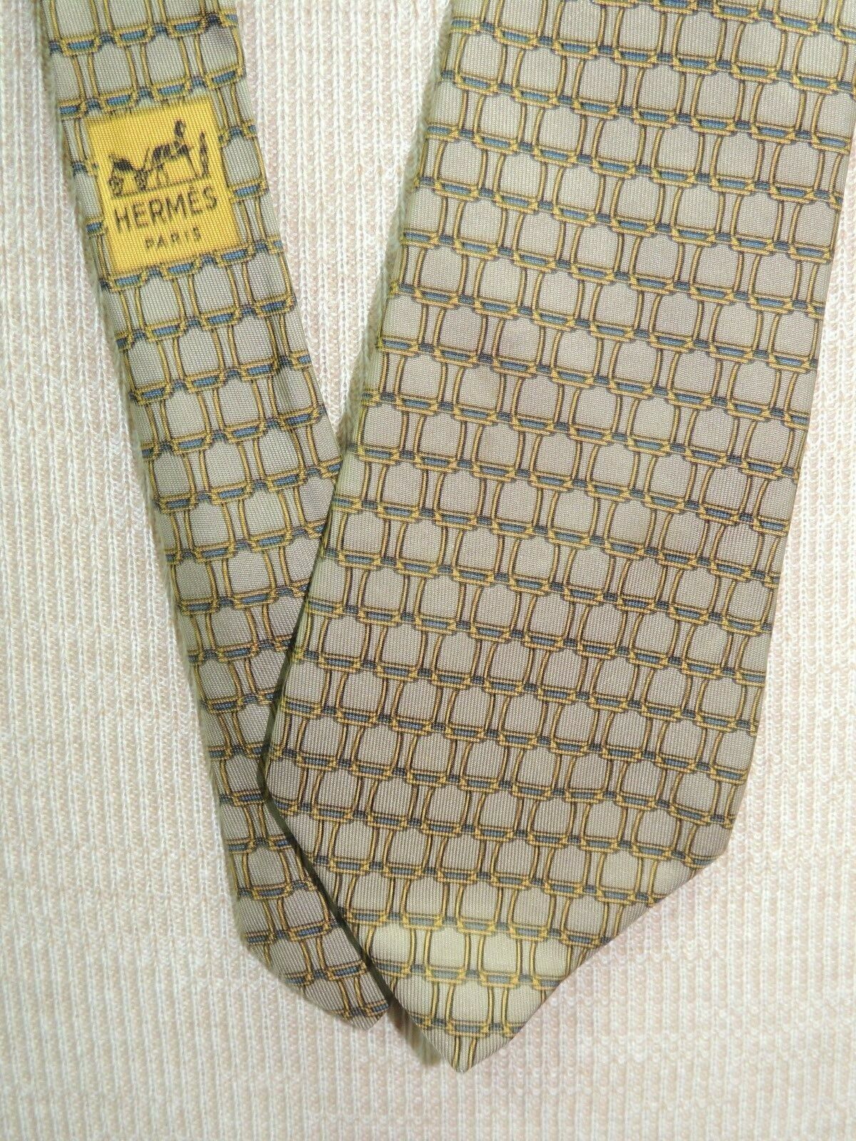 Hermes France 898 PA Neck Tie/Necktie Silk beige gold equestrian buckle 56"x3" - £39.10 GBP