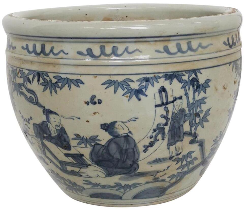 Pot 7 Sages of Bamboo Groove White Blue Porcelain Handmade Hand-Cra - £187.93 GBP