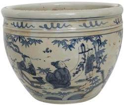 Pot 7 Sages of Bamboo Groove White Blue Porcelain Handmade Hand-Cra - £192.22 GBP