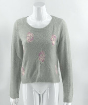 LC Lauren Conrad Womens Sweater Medium Gray Lilac Purple Floral Fuzzy Pullover - £18.99 GBP