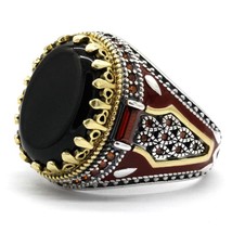 Turkey Jewelry Men Ring with Black Natural Agate Stone 925 Sterling Silver Vinta - £45.69 GBP