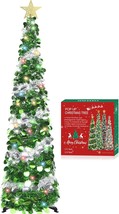 5 FT Pop Up Christmas Tree with Timer Colorful Lights Green Sliver Tinse... - $76.75