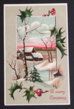 A Merry Christmas Xmas Holly Farm Snow Scenic View Postcard c1910s Germany - £7.95 GBP