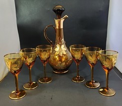 Amber Bohemia Glass Decanter &amp; 6 Wine Stems with Gold Flower Leaf Design - $118.79