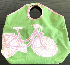 MudPie Jute Beach Bag Extra Large Green Pink Bicycle Tote Canvas - £15.07 GBP