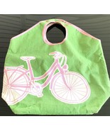 MudPie Jute Beach Bag Extra Large Green Pink Bicycle Tote Canvas - £14.89 GBP