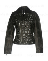 New Woman&#39;s Black Unique Eyelet Designed Brando Cowhide Biker Leather Ja... - £227.81 GBP