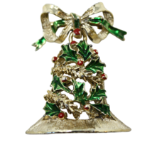 Vintage Gerry Holiday Christmas Enamel Bell Pin Brooch w Bow 2&quot; Long - Hey Viv - £14.12 GBP