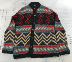 RRL Sweater Mens Large Black Button Front Red Blue Linen Aztec Southwestern - £293.24 GBP