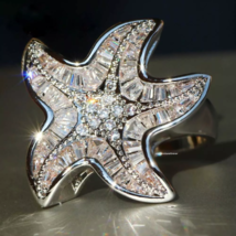 Solid 925 Silver Star Fish Shape With Multi Shape 8.20CT Shiny CZ Unique Ring - $513.27