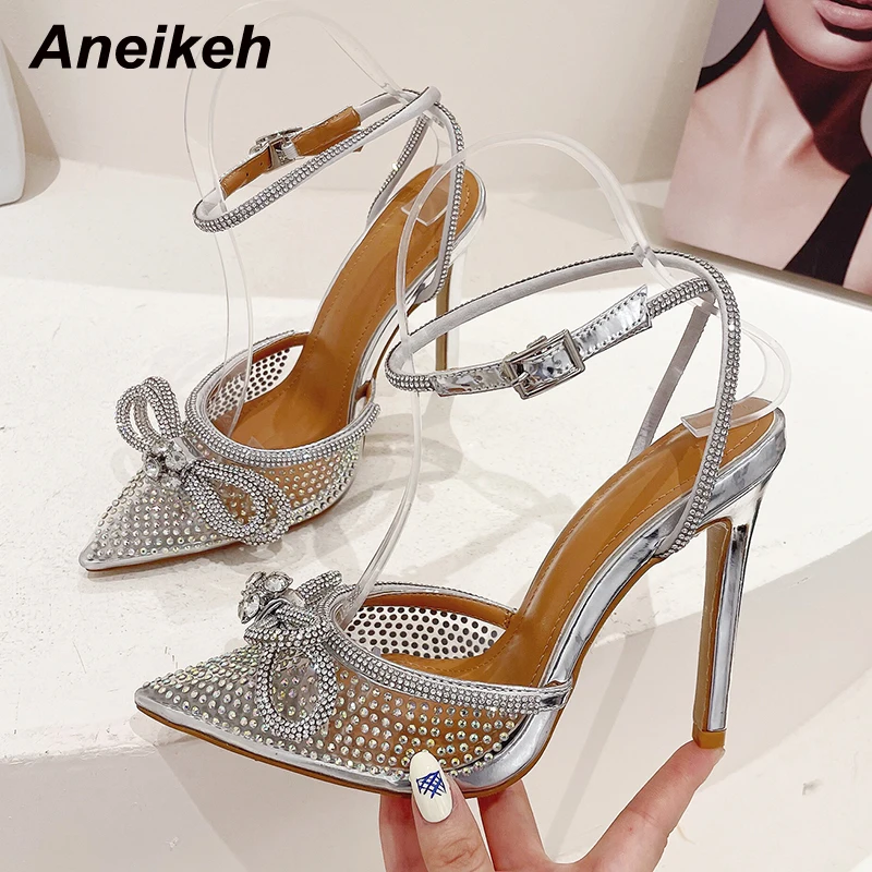 Aneikeh Fashion Transparent PVC Women Pumps  -knot CRYSTAL Pointed Toe Wedding P - $80.06