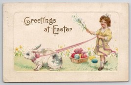 Happy Easter Girl Yellow Dress White Rabbit On Ribbon Leash Postcard O25 - £6.25 GBP