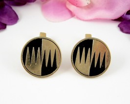 Swank JAGGED CUFFLINKS Vintage BLACK &amp; Goldtone Metal ROUND Mens Cuff Links - £17.82 GBP