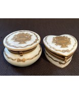 Vintage Lot of 2 Porcelain Trinket Boxes White with Gold Painted Design  - $26.04 CAD
