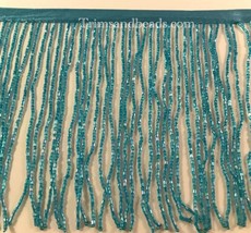 By The Yard-6&quot;-DARK Turquoise Blue Ab Glass Bugle Bead Beaded Fringe Trim - £12.63 GBP