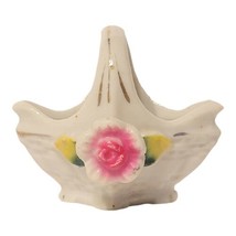 Vintage Occupied Japan White Porcelain Basket Pink Flower Gold Accents MCM - £8.58 GBP