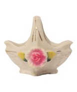 Vintage Occupied Japan White Porcelain Basket Pink Flower Gold Accents MCM - £8.60 GBP