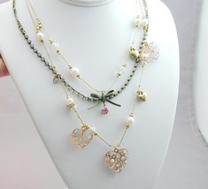Betsey Johnson 3 Strand Rhinestone Lucite Dangling Hearts Jeweled Bow Necklace - £24.04 GBP