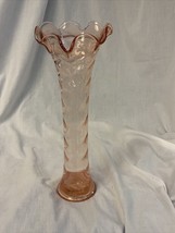 Vintage Pink Swirl Ruffled Top Glass Vase 13” - £14.91 GBP