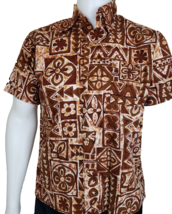 Tapa Barkcloth Hawaiian Shirt Mens Large 60s Dagger Collar Tiki Brown Fl... - £68.99 GBP