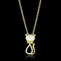 Yellow Gold Plated Women Synthetic White Cat Eye Cat Shaped Pendant Necklace 16&quot; - £72.28 GBP