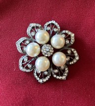 Vintage Faux Pearl &amp; Sparkly Rhinestone  Silver Tone Brooch Floral Pin EUC J39 - $6.79