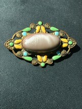 Vintage Large Victorian Taupe Oval Cab w Yellow Blue &amp; Green Enamel Accents Anti - £24.68 GBP