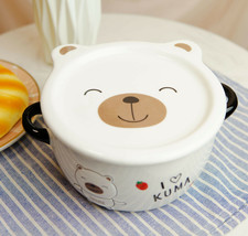 Pack Of 2 Beige Kuma Bear Porcelain Kids Food Bowls 25Oz W/ Condiment Lid Plate - £24.77 GBP