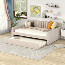 Full Size Upholstered daybed with Trundle and Wood Slat Support, Beige - $460.14