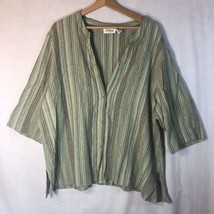 Chelsea Studio Size 28W Green w Stripes Collarless Button Up Shirt Linen Blend - £19.34 GBP