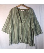 Chelsea Studio Size 28W Green w Stripes Collarless Button Up Shirt Linen... - £19.48 GBP
