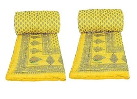 Single Bed Soft Gold Block Silk Print Light Weight Pure Cotton Jaipuri AC Quilt - £82.27 GBP