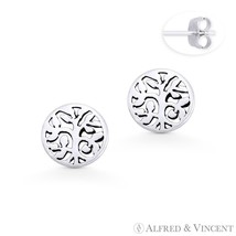 Tree w/ Filigree Vine &amp; Leaf Charm Circle Stud Earrings in .925 Sterling Silver - £11.68 GBP